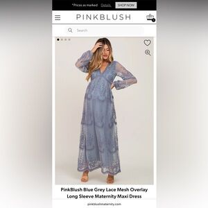 PinkBlush Blue Grey Lace Mesh Overlay Long Sleeve Maternity Maxi Dress